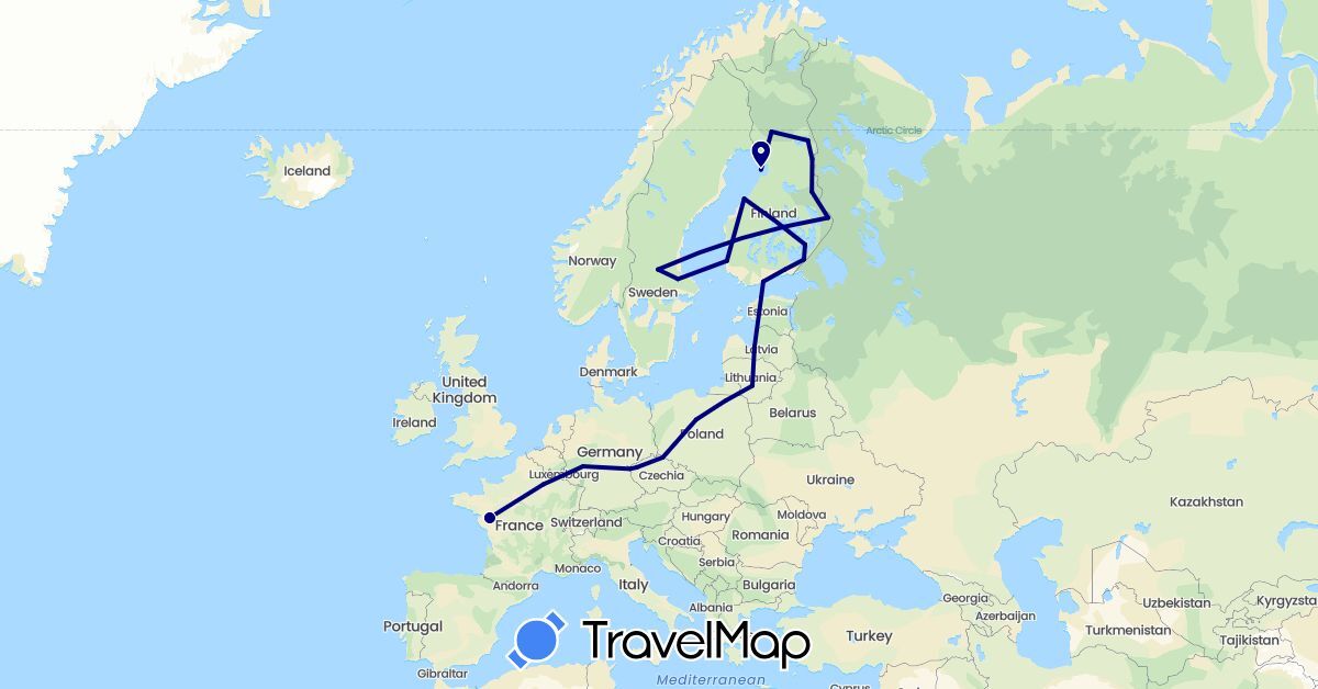 TravelMap itinerary: driving in Czech Republic, Germany, Estonia, Finland, France, Lithuania, Latvia, Poland, Sweden (Europe)